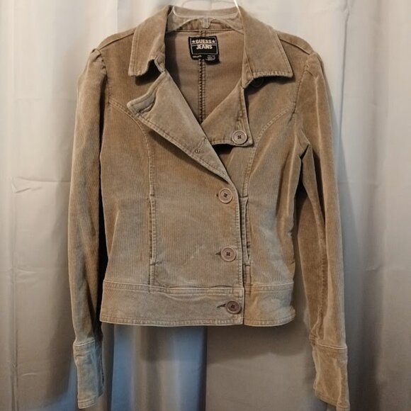 GUESS JEANS Corduroy Double Breasted Jacket Coat womens XS Khaki Beige button up - Picture 2 of 12